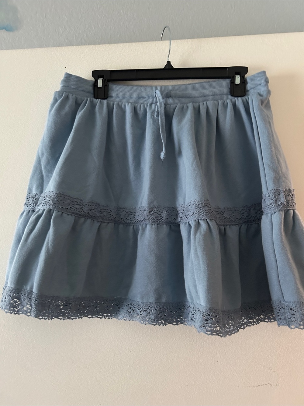 Shabby Chic Pale Blue Tiered Lace-Trim Skater Skirt